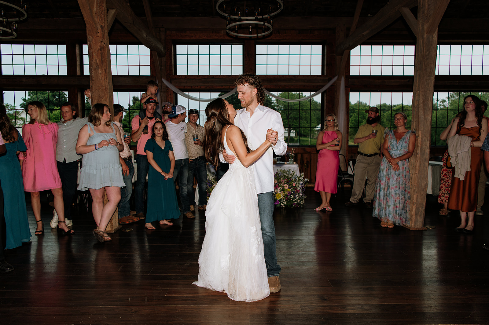 Bride and groom sharing a last dance at 5C Farms wedding venue in Albion, Indiana