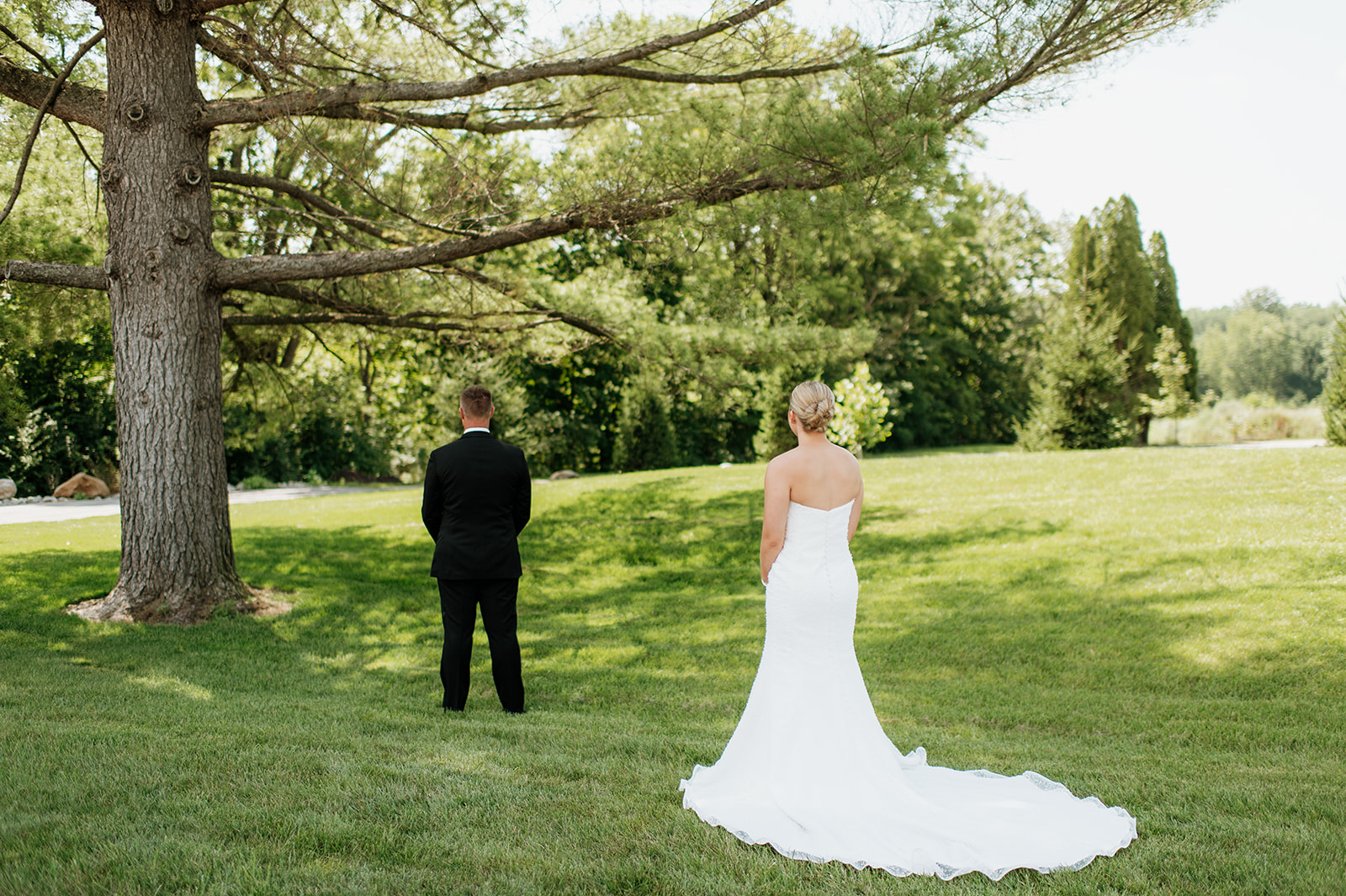 Bride about to share a first look with her father outside The Clubhouse Venue
