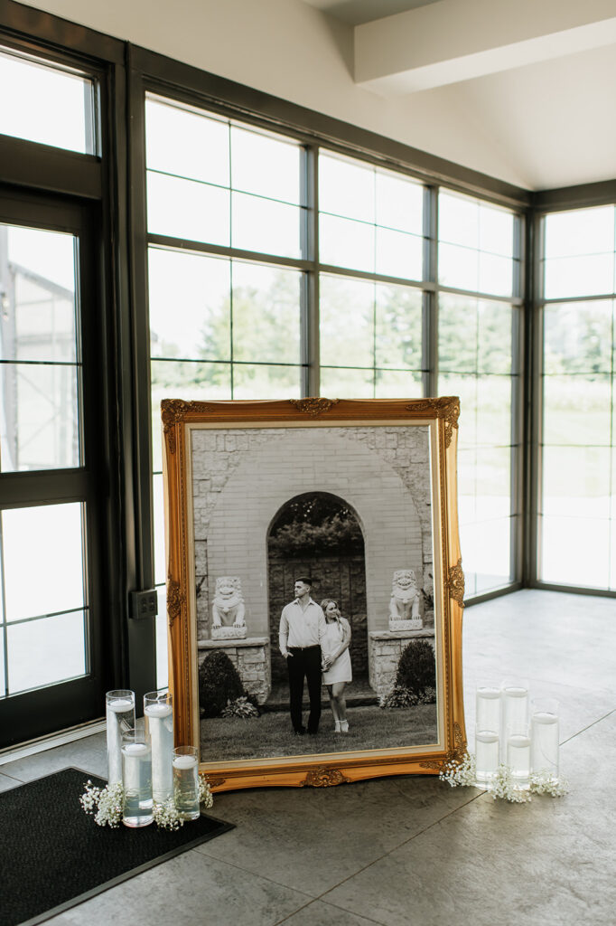 Large engagement photo of the bride and groom as part of the reception decor