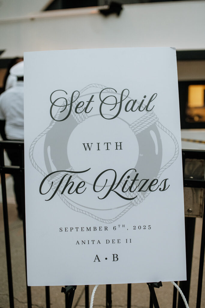 Custom Chicago yacht wedding reception décor sign.
