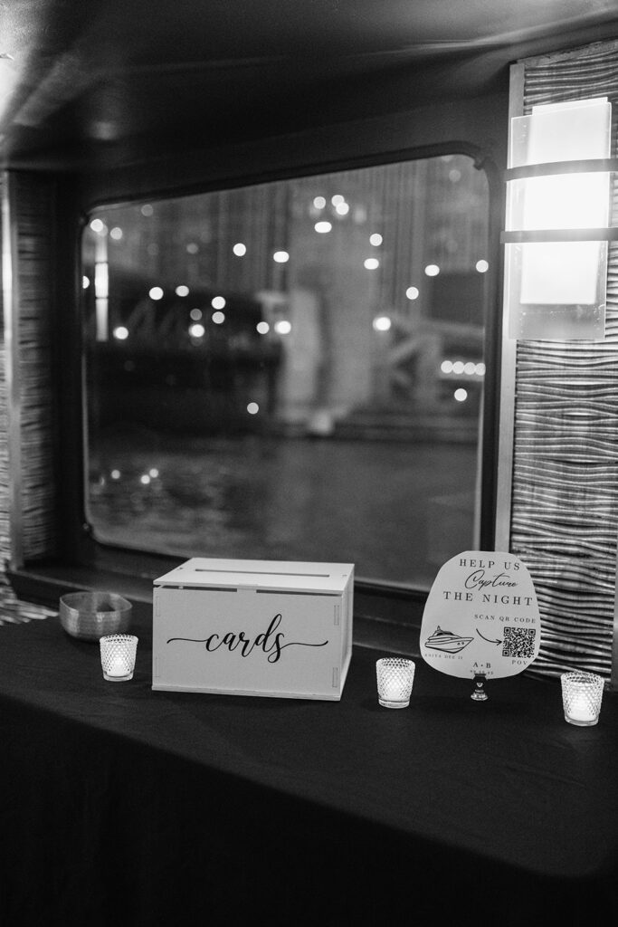 Cards table on Anita Dee ll from a Chicago yacht wedding after-party.