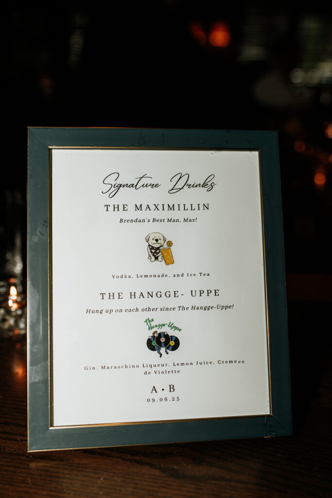 Signature drink menu displayed during a Tortoise Supper Club wedding cocktail party in Chicago.