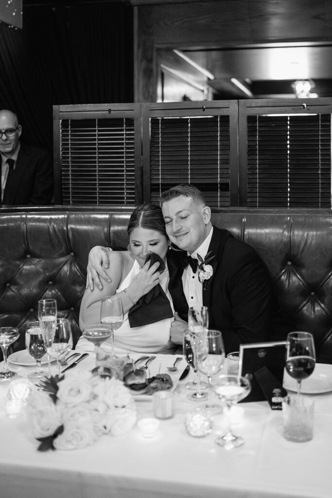 Bride and groom getting emotional during speeches.