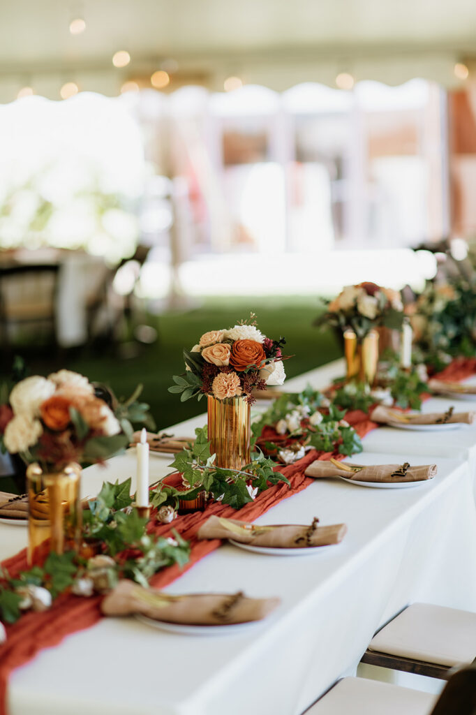 Fall tented wedding reception at The Lodge at Rush Lakes.