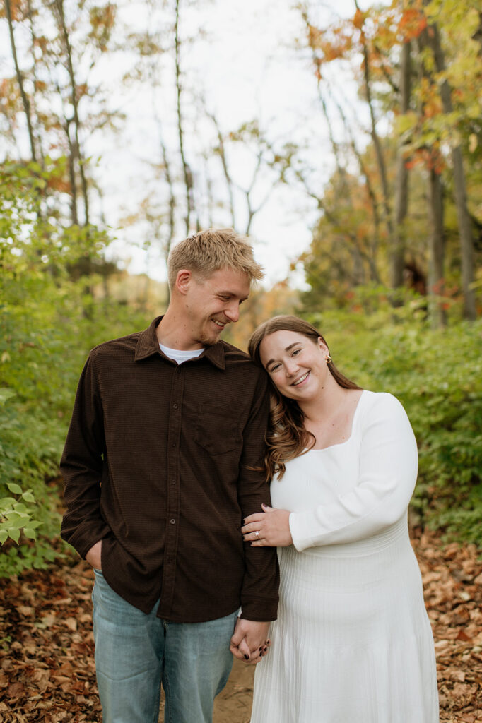 Close up shot of a couple posing on the trails at St. Patrick’s County Park.