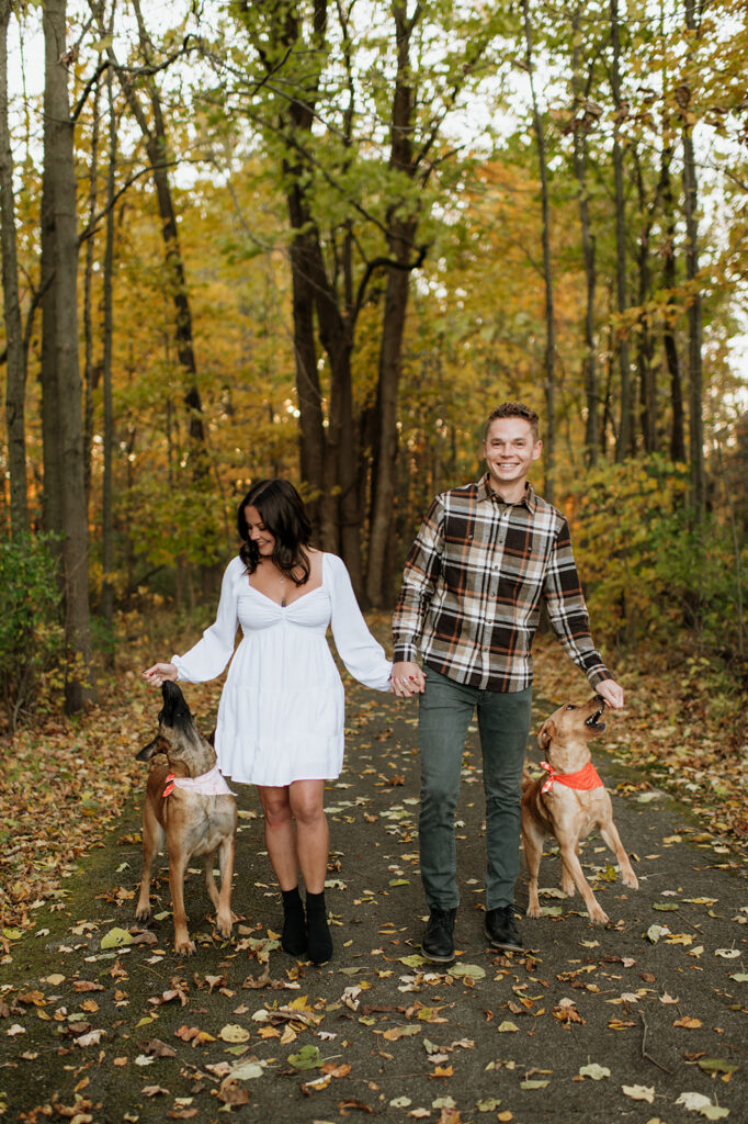 Couple posing with their dogs for their fall engagement photos in Northern Indiana at Potato Creek State Park.