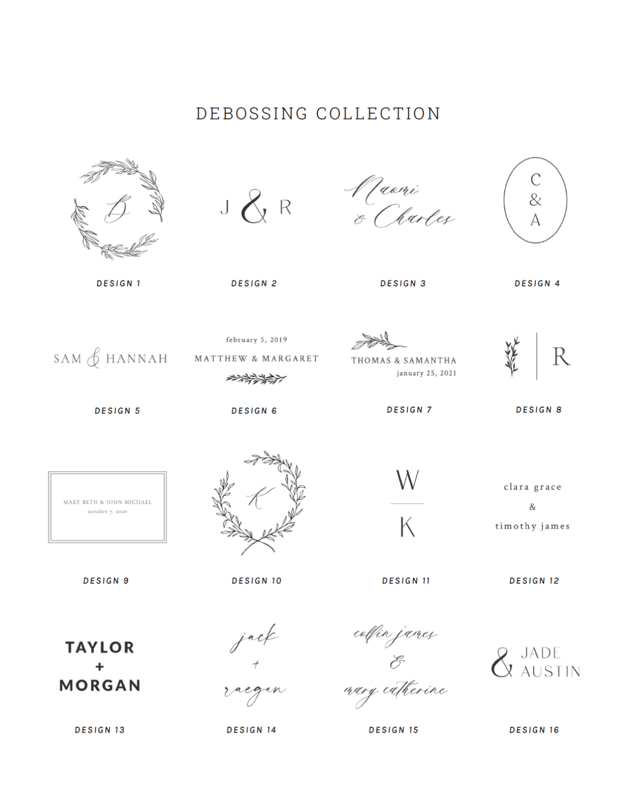 Debossing collection options for wedding album design.