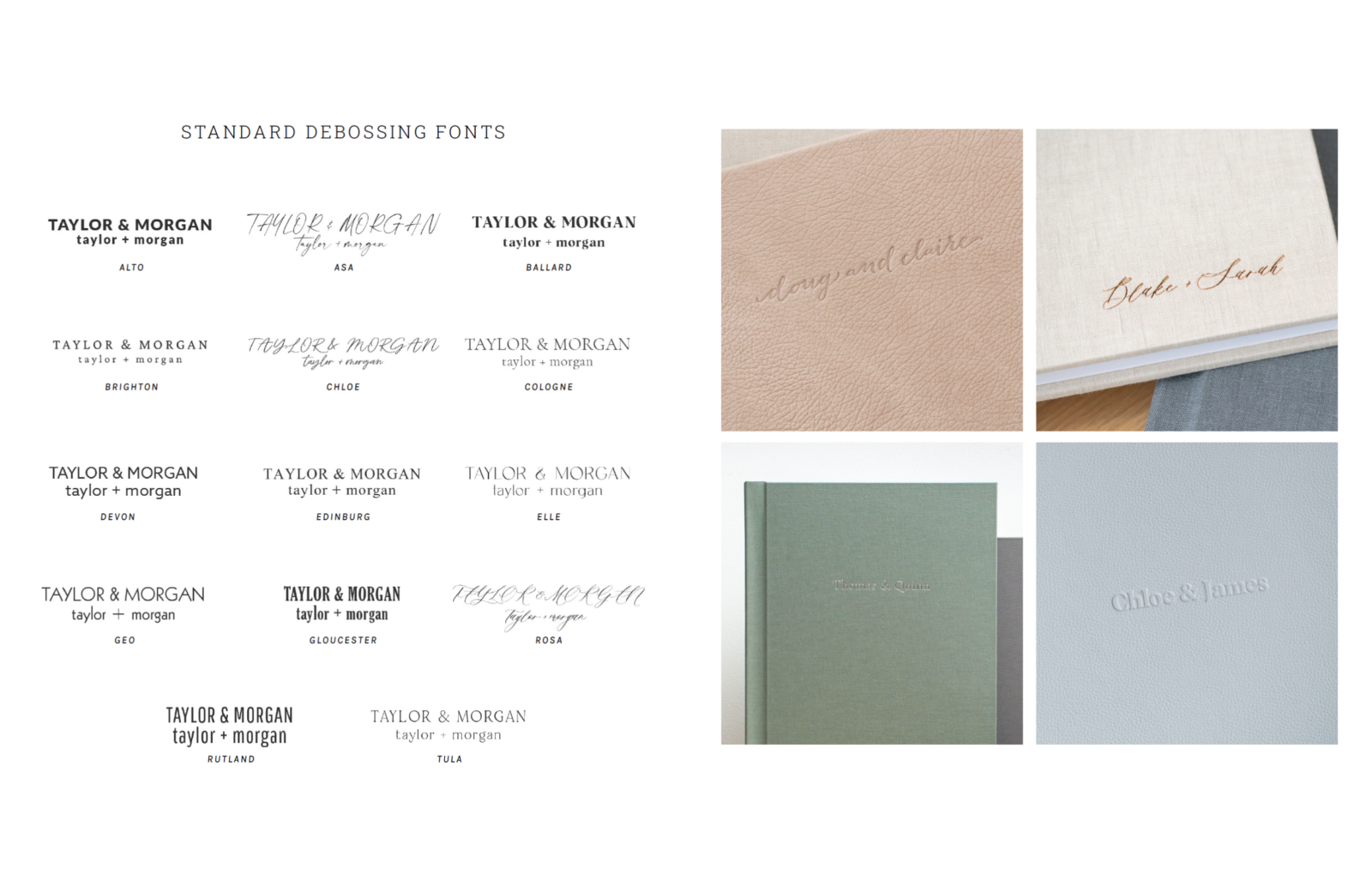 Wedding album standard debossing fonts.