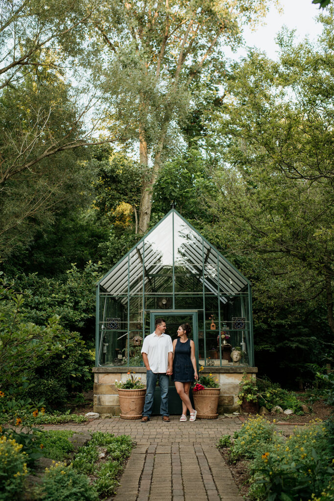 Couple posing in front of a pavilion at Defries Gardens in New Paris, Indiana.