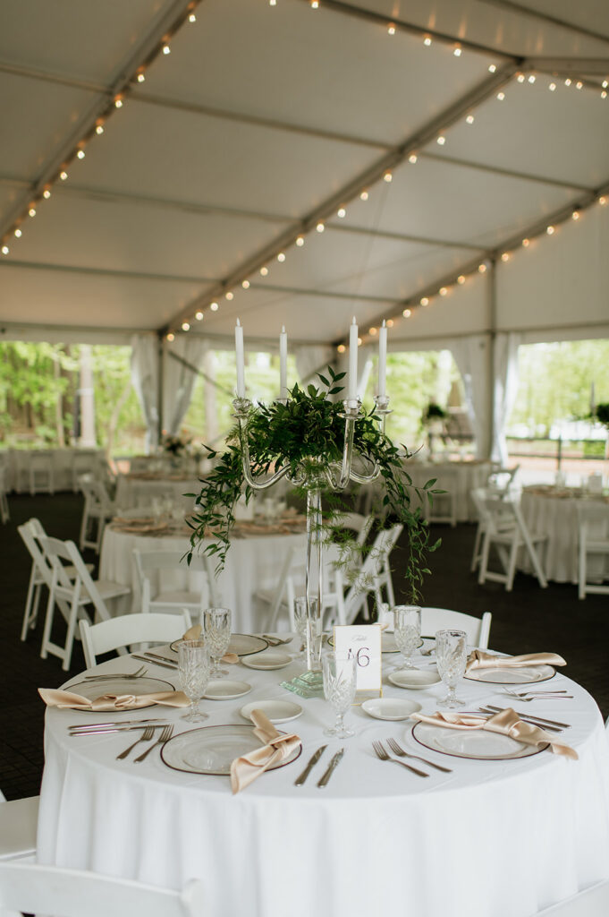 A tented wedding reception setup at The Morris Estate in Niles, Michigan.