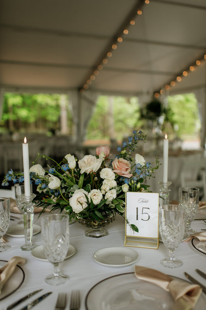 Close up shot of wedding reception details from a tented reception.