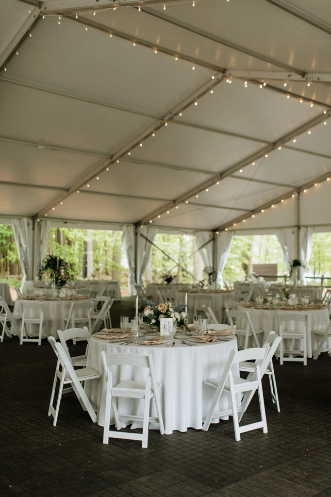 Tented wedding reception setup at The Morris Estate in Niles, Michigan.
